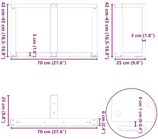 vidaXL Metallisches Möbelbein 2 Stück Für Tisch / Beistelltisch / Büro 70x25x42cm Schwarz