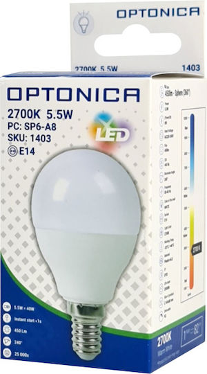 Optonica LED Bulb 5.5W 80mm for Socket E14 and Shape G45 Warm White 450lm