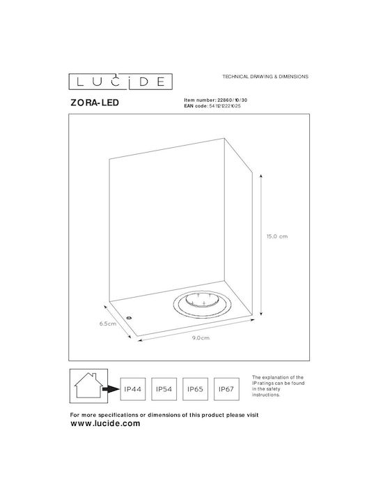 Lucide Lightning Zora Wall-Mounted Outdoor Spot Light GU10 IP44