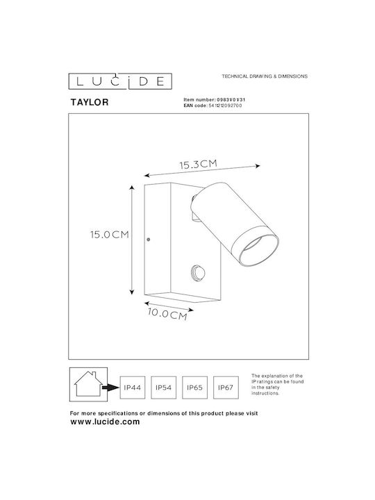Lucide Lightning Taylor Wall-Mounted Outdoor Spot Light GU10 IP54