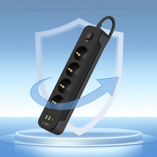 Tech-Protect PCL3X4 Steckdosenleiste 4 Steckdosen mit 2 USB-A 1 USB-C Schalter und Kabel 2m