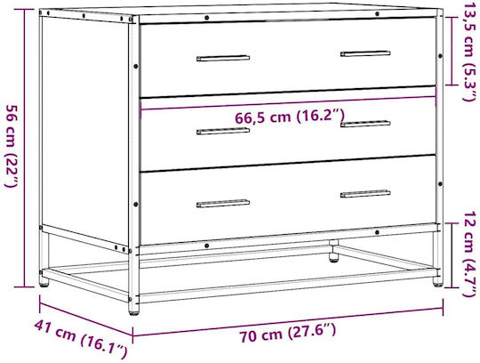 Wooden Chest of Drawers Black Velvet-Black Metal 70x41x56cm