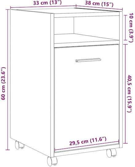 vidaXL Office Storage Cabinet Wooden with Wheels Brown 33x38x60cm