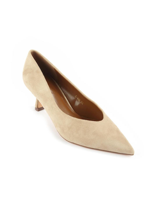 Fshoes Suede Pointed Toe Beige Medium Heels