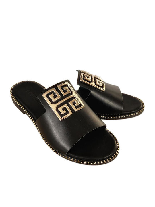 Leather Women's Flat Sandals in Black Color
