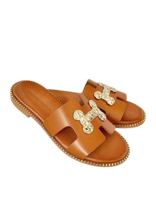Leather Women's Flat Sandals in Tabac Brown Color