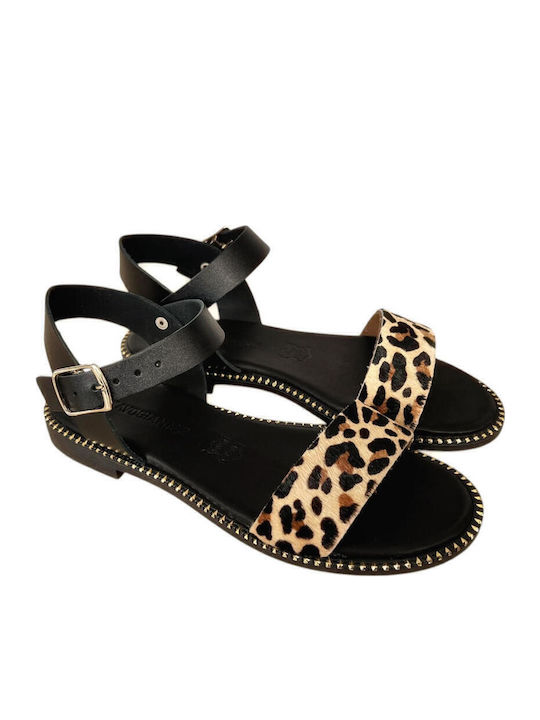 Leather Women's Flat Sandals in Black Color