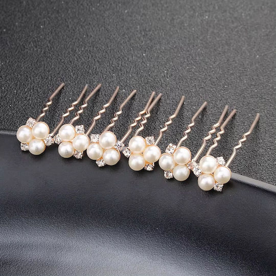 Set of 6 Hairpins Rose Gold White Pearls Crystals Bride Bridesmaid Wendy