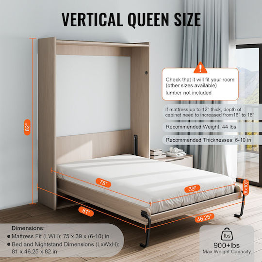 Vevor Murphy Κιτ Κρεβατιού Δύο Μονά Μεγέθη Vertical Deluxe Diy Πτυσσόμενο Κρεβάτι Τοίχου