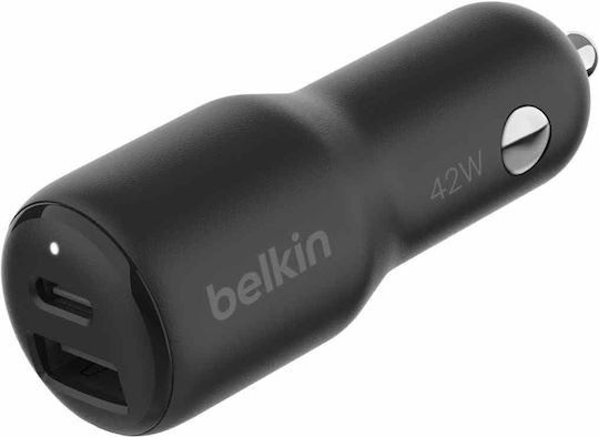 Belkin Φορτιστής Αυτοκινήτου 42W Γρήγορης Φόρτισης με Θύρες: 1xUSB 1xType-C Μαύρος