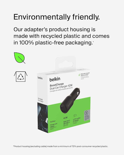 Belkin Φορτιστής Αυτοκινήτου 42W Γρήγορης Φόρτισης με Θύρες: 1xUSB 1xType-C Μαύρος