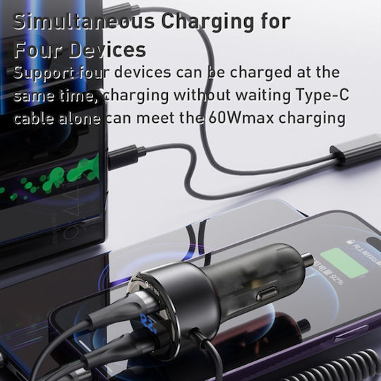 Yesido Auto-Ladegerät 60W Schnellladung mit Anschlüssen: 1xUSB 1xType-C mit Kabel Typ-C,TC-TC / Blitzschlag Gray Farbe