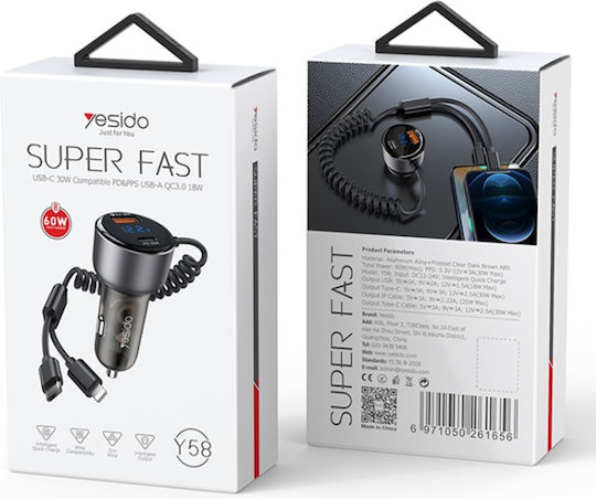 Yesido Auto-Ladegerät 60W Schnellladung mit Anschlüssen: 1xUSB 1xType-C mit Kabel Typ-C,TC-TC / Blitzschlag Gray Farbe