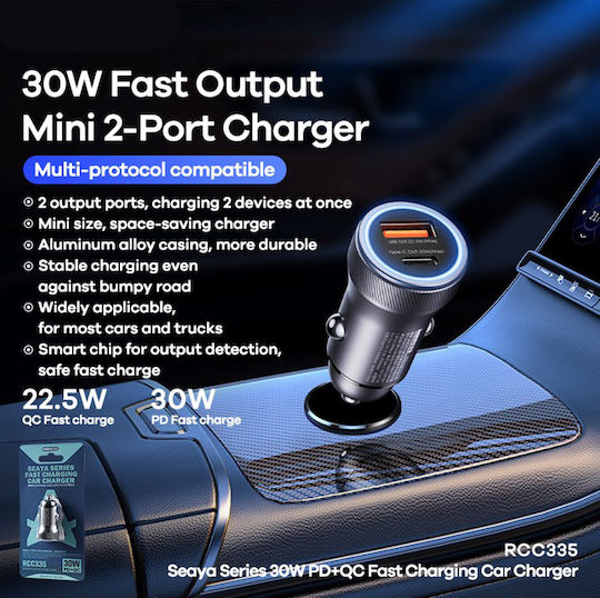 Remax Series Car Charger 30W 5A Fast Charging with Ports 1xUSB 1xType-C Black Colour
