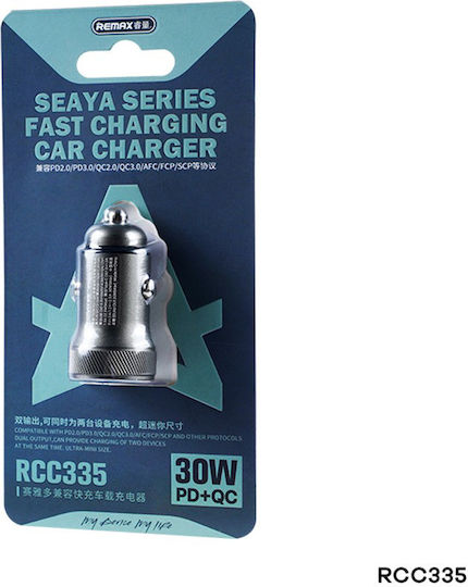 Remax Series Car Charger 30W 5A Fast Charging with Ports 1xUSB 1xType-C Black Colour