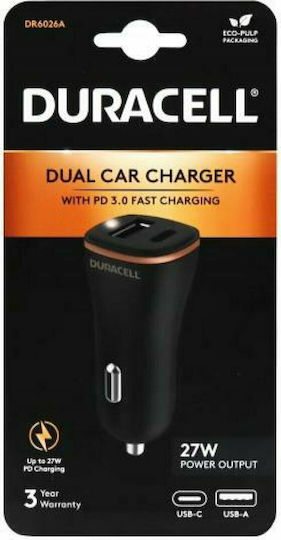 Duracell Car Charger Black with Ports: 1xUSB 1xType-C