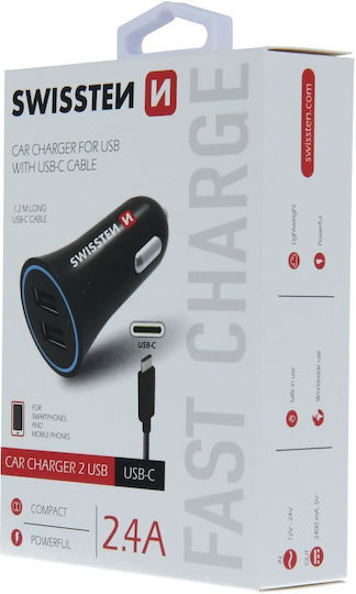 Swissten Încărcător Auto 12W 2.4A cu Porturi: 2xUSB împreună cu Cablu Type-C Negru Culoare