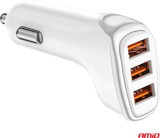 AMiO Φορτιστής Αυτοκινήτου 15.5W 3.1A με Θύρες: 3xUSB μαζί με Καλώδιο Ενσωματωμένο Λευκός