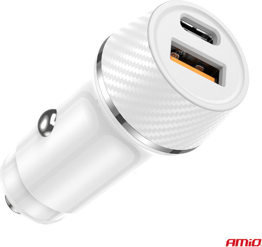 AMiO Car Charger White Fast Charging with Ports: 1xUSB 1xType-C with Cable Embedded