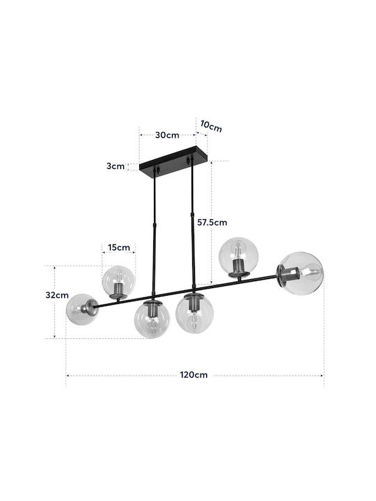 GloboStar Lattice Pendant Light Black Rail for 6 Bulbs E27 130x20x70cm