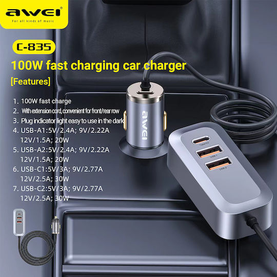 Awei Φορτιστής Αυτοκινήτου με Θύρες: 2xUSB 2xType-C Γκρι