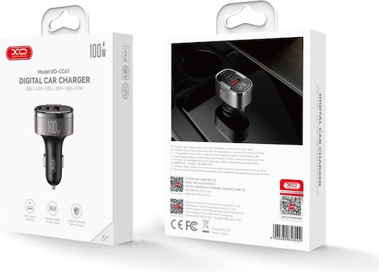 XO CC61 Φορτιστής Αυτοκινήτου 100W 3A με Θύρες: 1xUSB 2xType-C μαζί με Καλώδιο Lightning Μαύρο Χρώμα