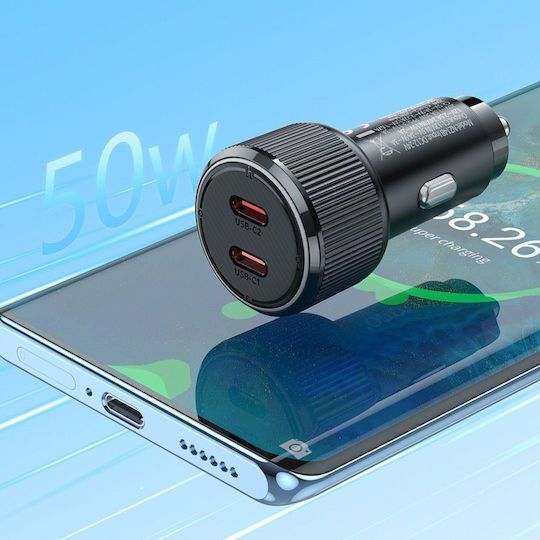 Hoco Qc Pd Încărcător Auto 50W 3A Încărcare Rapidă cu Porturi: 2xType-C Negru Culoare