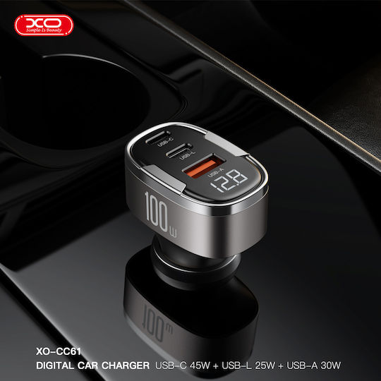 XO CC61 Φορτιστής Αυτοκινήτου 100W 3A με Θύρες: 1xUSB 2xType-C μαζί με Καλώδιο Lightning Μαύρο Χρώμα