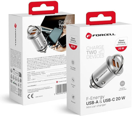 Forcell Car Charger Silver F-energy Mini Total Intensity 3A Fast Charging with Ports: 1xUSB 1xType-C