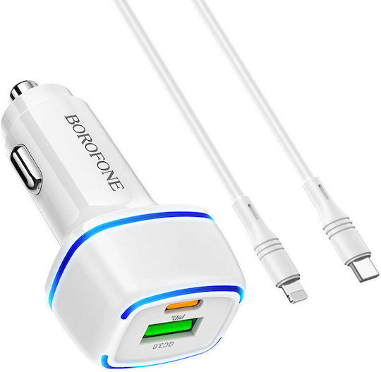 Borofone BZ14A Handy-Autoladegerät 20W 3A Schnellladen mit Anschlüssen 1xUSB 1xType-C zusammen mit Lightning Kabel Weiß Farbe