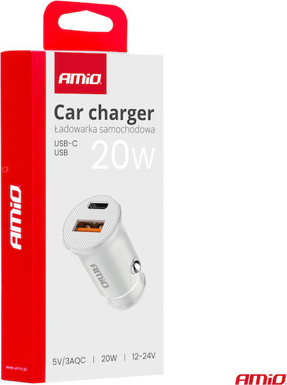 AMiO Φορτιστής Αυτοκινήτου 20W με Θύρες: 1xUSB 1xType-C Λευκός