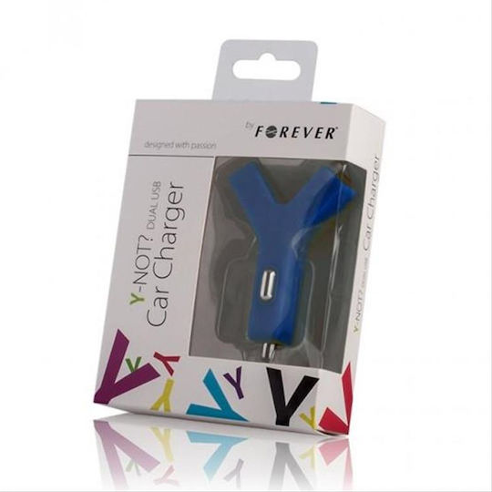 Forever Y-Not 2in1 Car Charger Blue Car Charger 2.1A with Ports: 2xUSB Blue Color