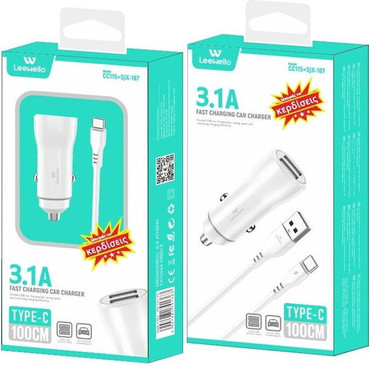 Leewello CC115+SJX-187 Încărcător Auto Cu Mufă De Brichetă 3.1A Încărcare Rapidă Cu 2 Porturi USB-A Și Cablu Micro-USB Culoare Albă