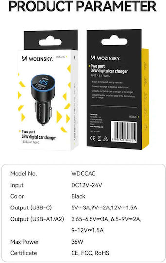 Wozinsky Φορτιστής Αυτοκινήτου 36W 5A με Θύρες: 1xUSB 1xType-C Μαύρος