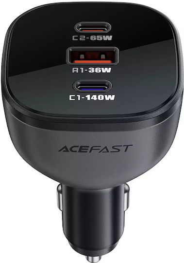 Acefast Acefast Auto-Ladegerät 165W 5A Schnellladen mit Anschlüssen: 1xUSB 1xType-C 1xLeichter Schwarz Farbe