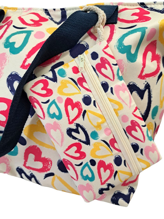 Remix Fabric Beach Bag with Wallet White with Hearts