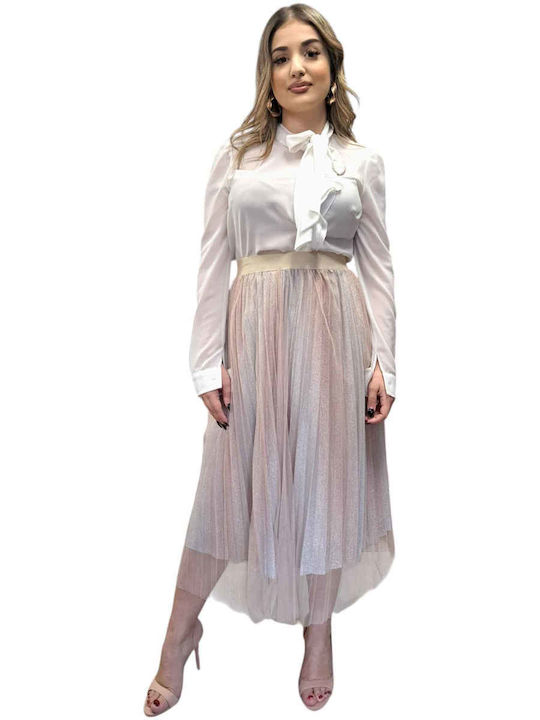 Pleated Midi Skirt with Tulle Ecru