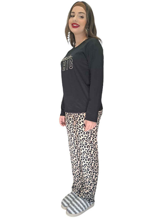 Remix Winter Damen Pyjama-Set Black, Beige, Leopard