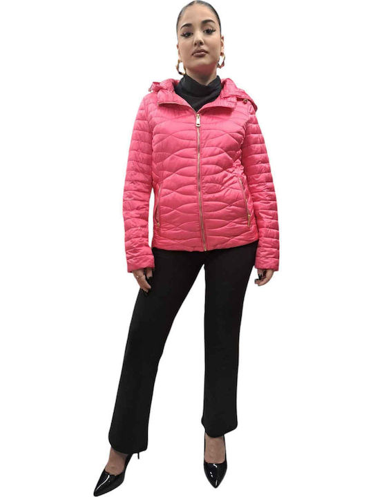 Women's Short Puffer Jacket for Spring or Autumn with Hood Fuchsia