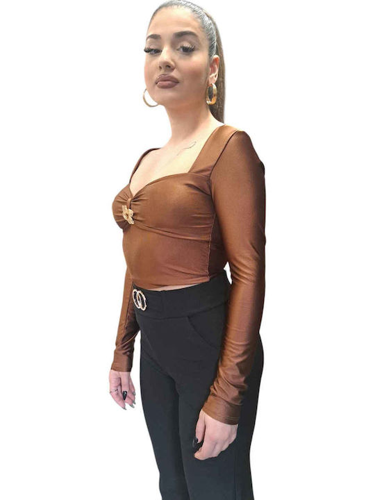 Women's Crop Top Long Sleeve Red and Brown