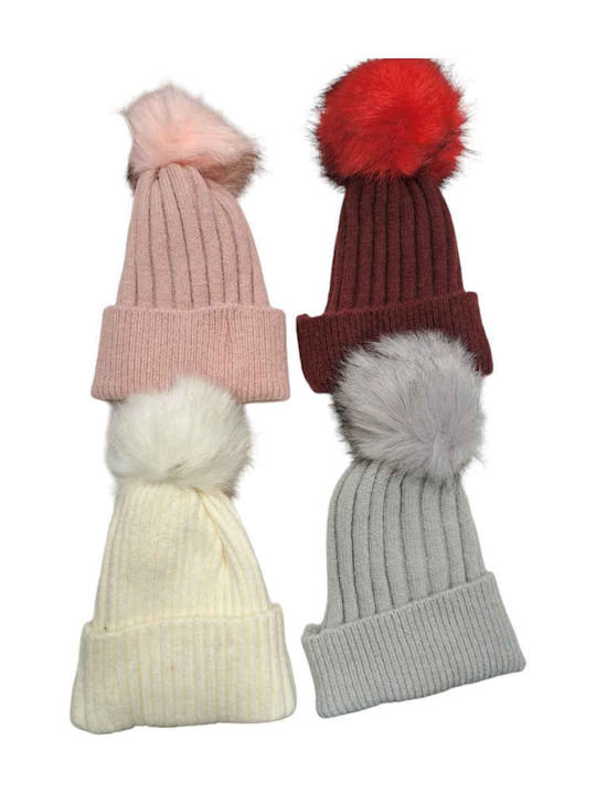 Pom Pom Beanie Unisex Beanie Knitted in Burgundy color