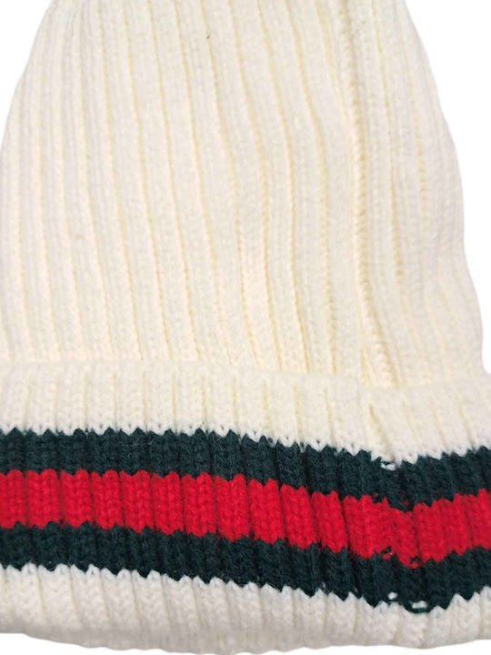 Pom Pom Beanie Unisex Σκούφος Πλεκτός σε Λευκό χρώμα