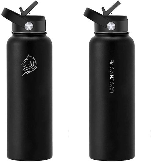 Cool'NMore Jet Μπουκάλι Θερμός Ανοξείδωτο BPA Free 1.2lt Jet Black με Επιστόμιο, Θηλιά, Καλαμάκι και Λαβή