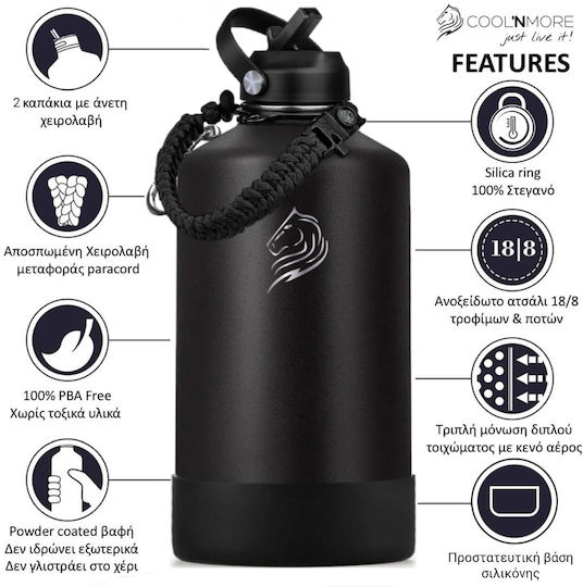 Cool'NMore Jet Thermos Bottle Stainless Steel BPA Free 4l Jet Black with Mouthpiece Loop Straw and Handle