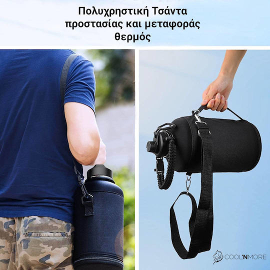 Cool'NMore Jet Thermos Bottle Stainless Steel BPA Free 4l Jet Black with Mouthpiece Loop Straw and Handle