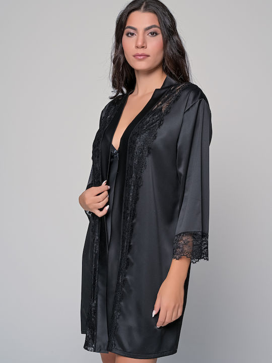 Milena by Paris Winter Women's Satin Robe Black