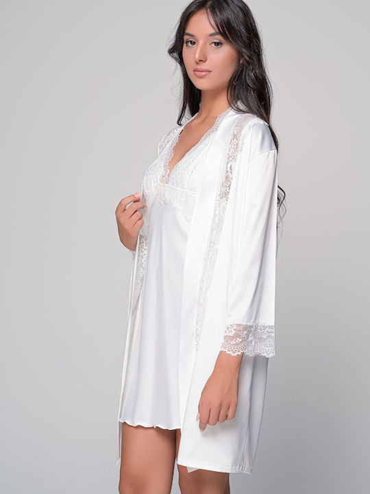 Milena by Paris Χειμερινή Νυφική Γυναικεία Σατέν Ρόμπα με Νυχτικό Ιβουάρ
