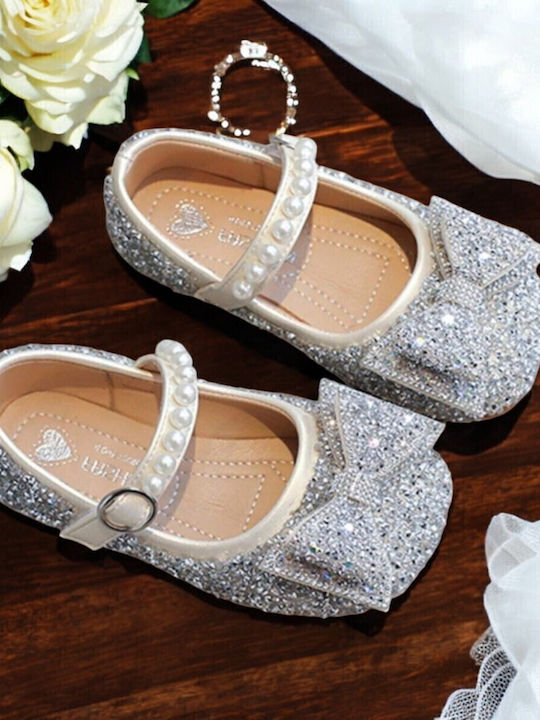 Kids Leather Ballerinas with Adjustable Metal Clasp Silver