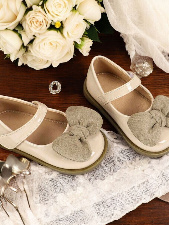 Kids Leather Ballerinas with Hoop & Loop Closure Beige