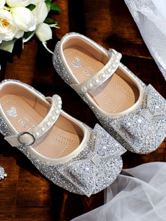 Kids Leather Ballerinas with Adjustable Metal Clasp Silver